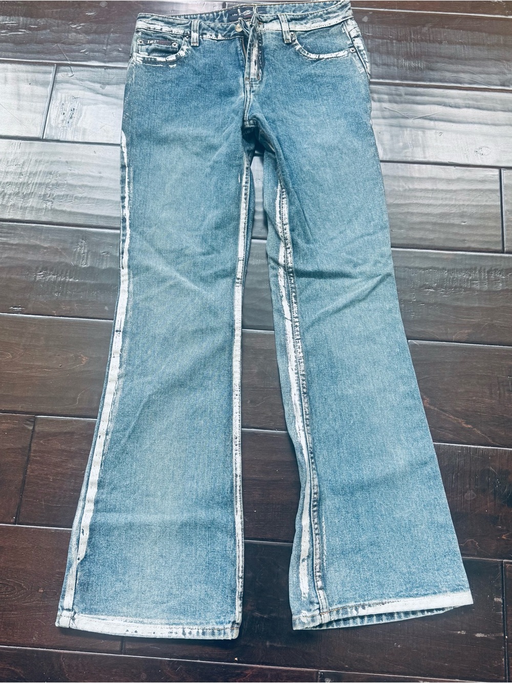 Brand New Flare Jeans embellished with bright silver metallic foil designs